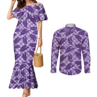 Purple Hawaii Kalo Palaka Motifs Couples Matching Mermaid Dress and Long Sleeve Button Shirt Hawaiian Taro Leaves Elegant Vibes LT14 Purple - Polynesian Pride