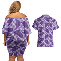 Purple Hawaii Kalo Palaka Motifs Couples Matching Off Shoulder Short Dress and Hawaiian Shirt Hawaiian Taro Leaves Elegant Vibes LT14 - Polynesian Pride