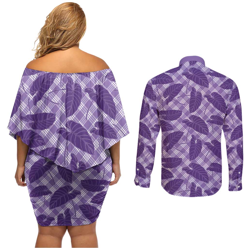 Purple Hawaii Kalo Palaka Couples Matching Set - Off Shoulder Short Dress and Long Sleeve Button Shirt LT14 - Polynesian Pride