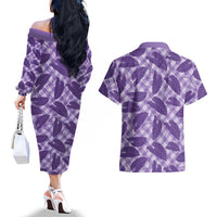 Purple Hawaii Kalo Palaka Motifs Couples Matching Off The Shoulder Long Sleeve Dress and Hawaiian Shirt Hawaiian Taro Leaves Elegant Vibes LT14 - Polynesian Pride