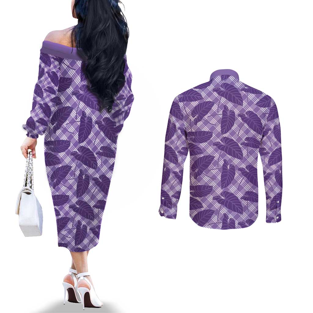 Purple Hawaii Kalo Palaka Motifs Couples Matching Off The Shoulder Long Sleeve Dress and Long Sleeve Button Shirt Hawaiian Taro Leaves Elegant Vibes LT14 - Polynesian Pride