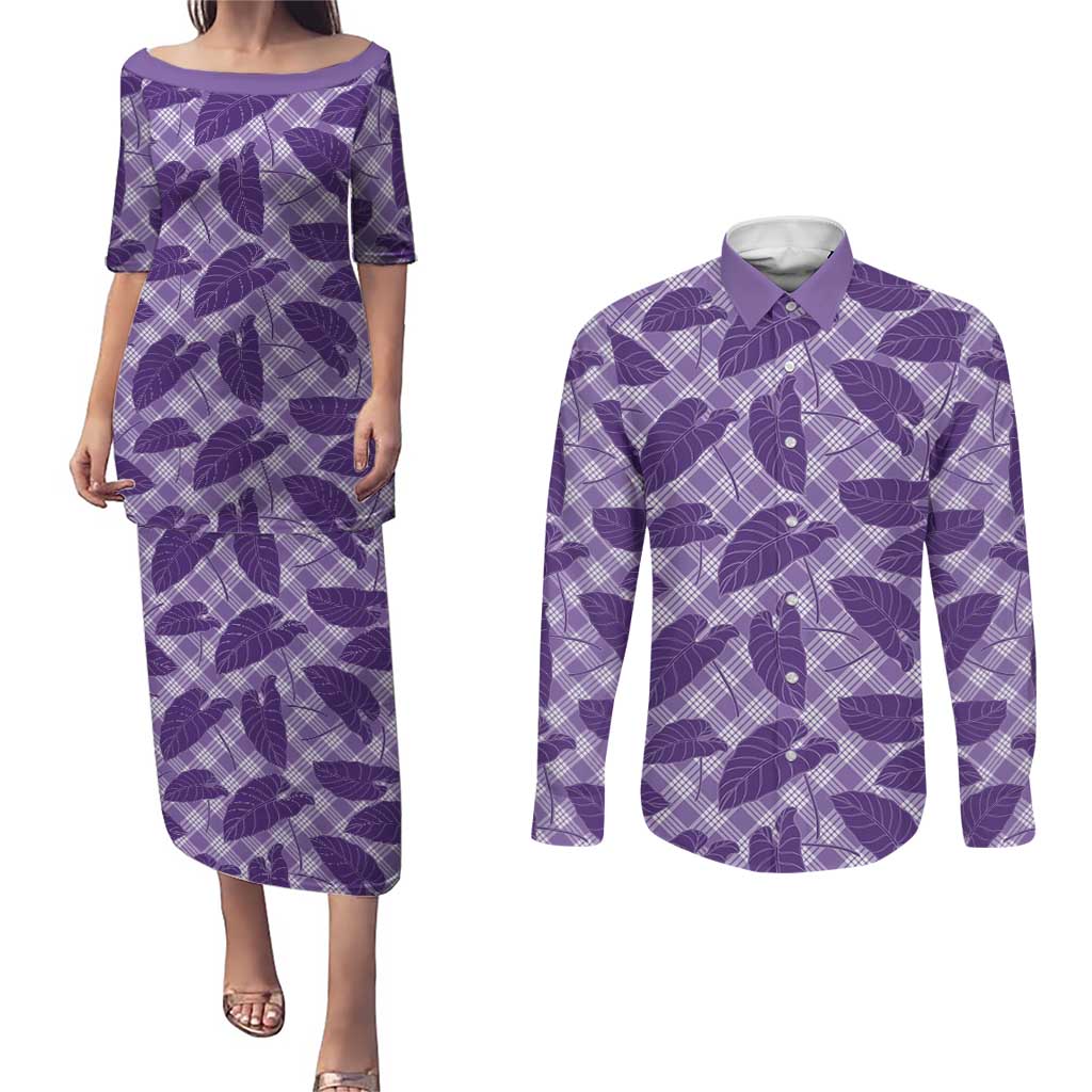Purple Hawaii Kalo Palaka Motifs Couples Matching Puletasi and Long Sleeve Button Shirt Hawaiian Taro Leaves Elegant Vibes - Polynesian Pride