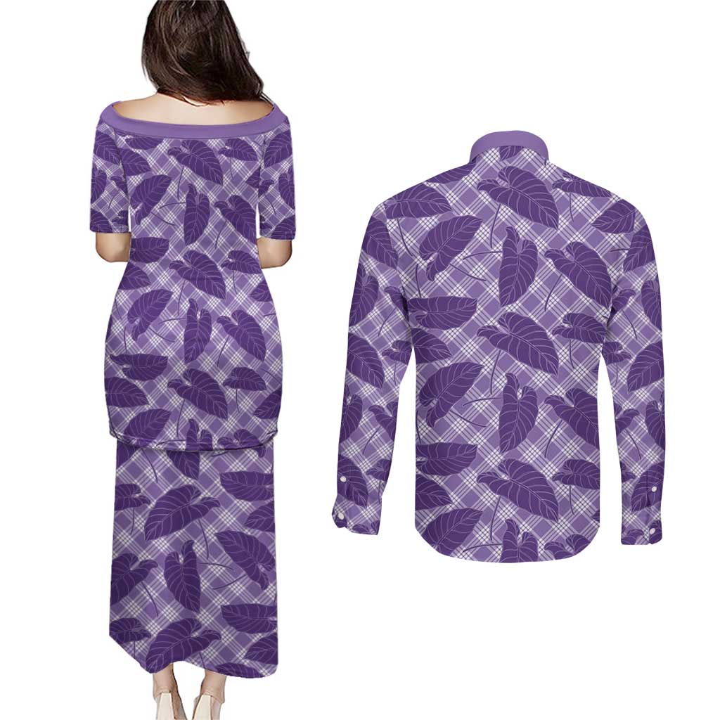 Purple Hawaii Kalo Palaka Motifs Couples Matching Puletasi and Long Sleeve Button Shirt Hawaiian Taro Leaves Elegant Vibes LT14 - Polynesian Pride