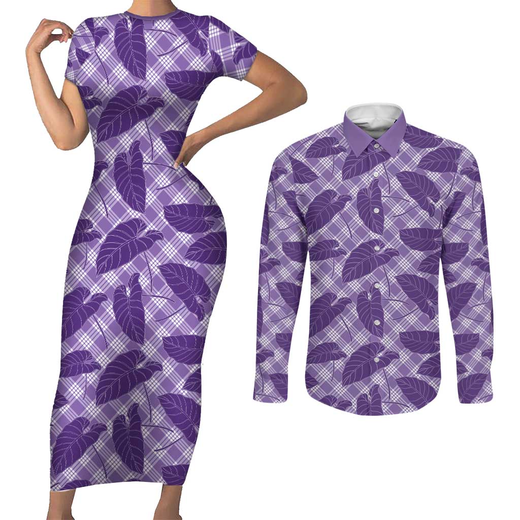 Purple Hawaii Kalo Palaka Motifs Couples Matching Short Sleeve Bodycon Dress and Long Sleeve Button Shirt Hawaiian Taro Leaves Elegant Vibes - Polynesian Pride