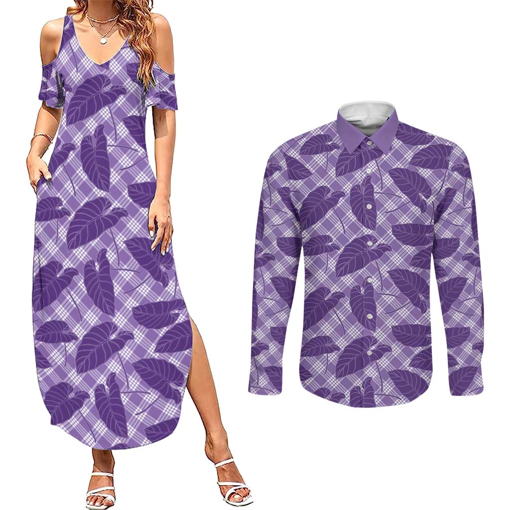 Purple Hawaii Kalo Palaka Motifs Couples Matching Summer Maxi Dress and Long Sleeve Button Shirt Hawaiian Taro Leaves Elegant Vibes LT14 Purple - Polynesian Pride