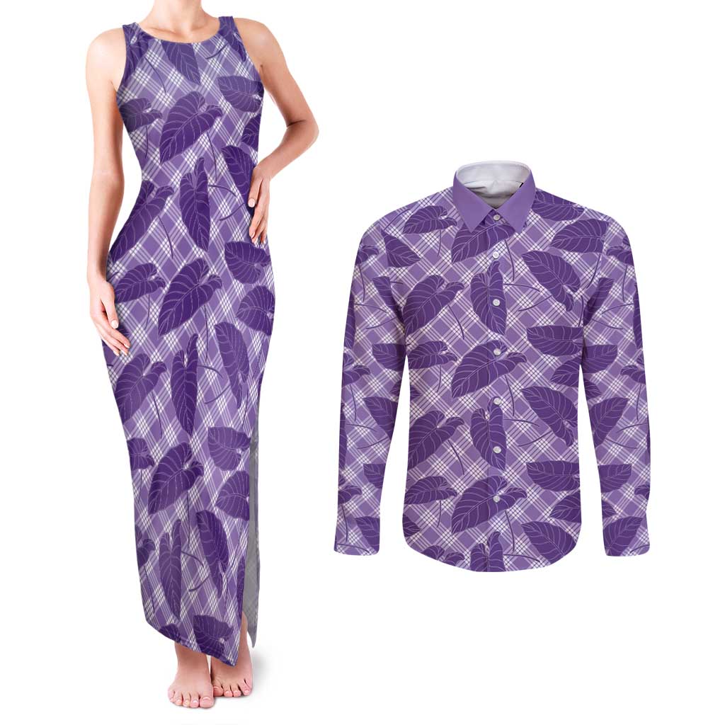 Purple Hawaii Kalo Palaka Motifs Couples Matching Tank Maxi Dress and Long Sleeve Button Shirt Hawaiian Taro Leaves Elegant Vibes LT14 Purple - Polynesian Pride