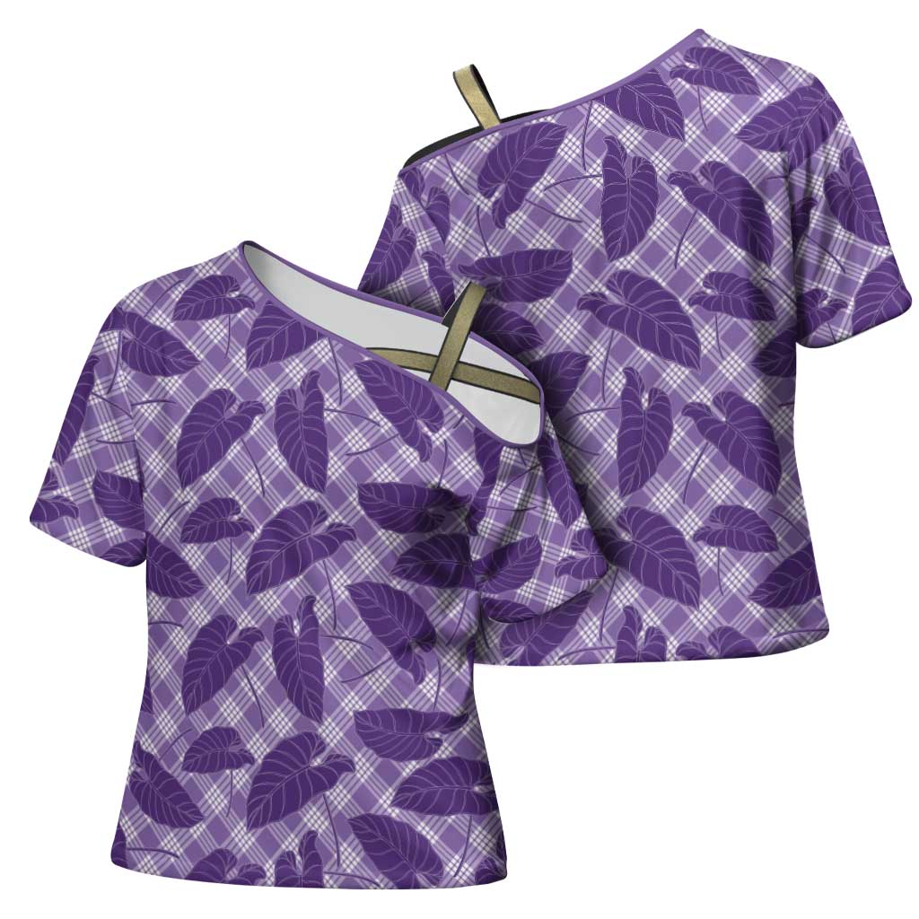 Purple Hawaii Kalo Palaka Motifs Cross Shoulder Shirt Hawaiian Taro Leaves Elegant Vibes LT14 - Polynesian Pride