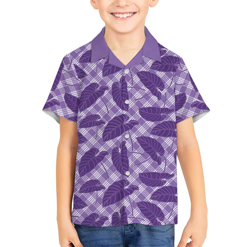 Purple Hawaii Kalo Palaka Motifs Family Matching Off The Shoulder Long Sleeve Dress and Hawaiian Shirt Hawaiian Taro Leaves Elegant Vibes LT14 Son's Shirt Purple - Polynesian Pride