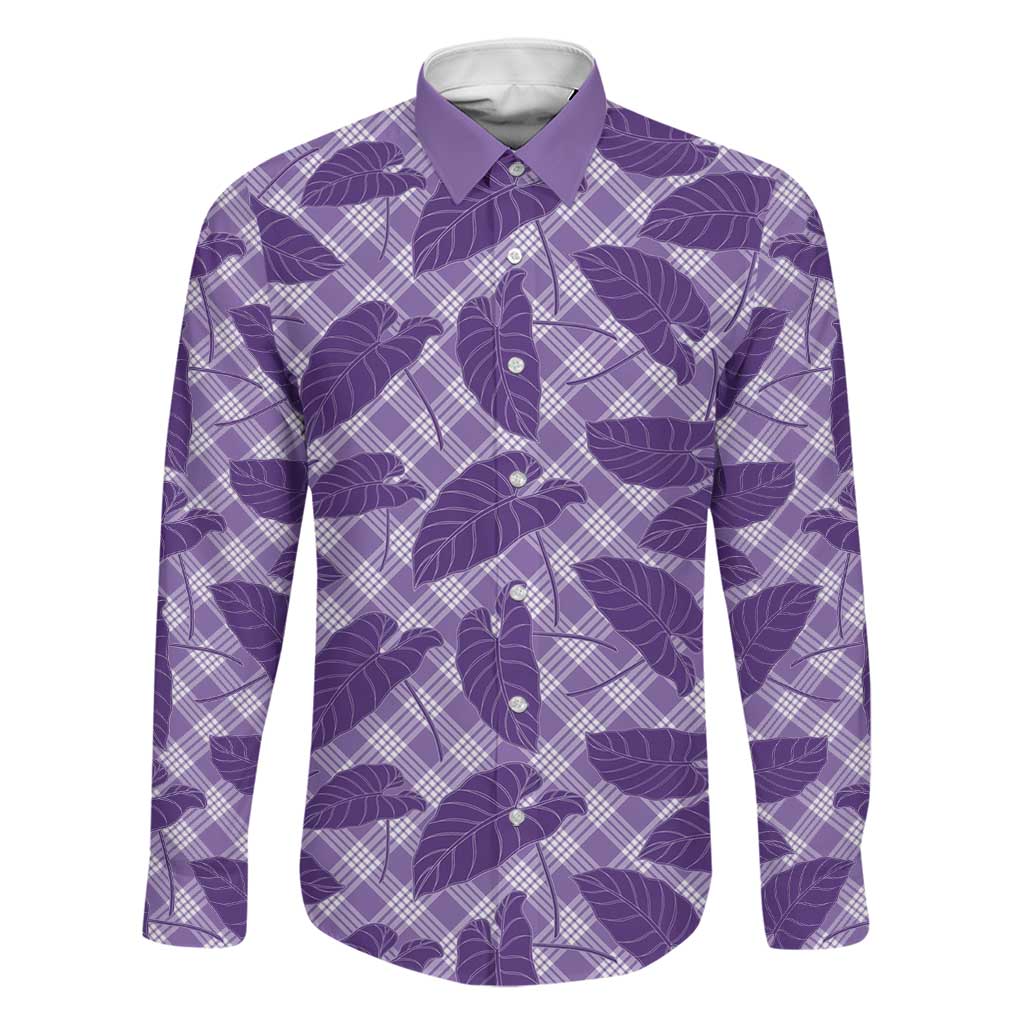 Purple Hawaii Kalo Palaka Motifs Family Matching Off Shoulder Maxi Dress and Hawaiian Shirt Hawaiian Taro Leaves Elegant Vibes LT14 Dad's Shirt - Long Sleeve Purple - Polynesian Pride