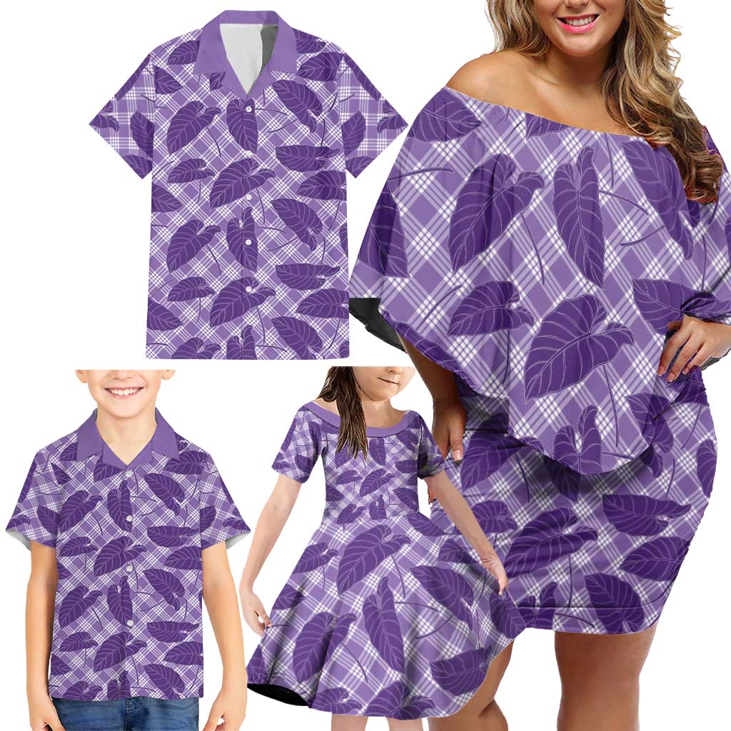 Purple Hawaii Kalo Palaka Motifs Family Matching Off Shoulder Short Dress and Hawaiian Shirt Hawaiian Taro Leaves Elegant Vibes LT14 - Polynesian Pride