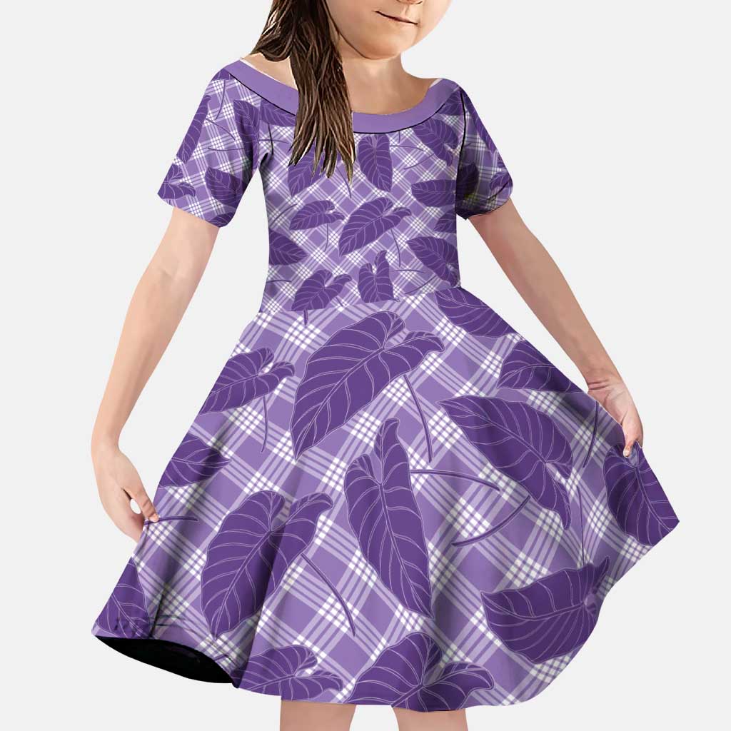 Purple Hawaii Kalo Palaka Motifs Family Matching Puletasi and Hawaiian Shirt Hawaiian Taro Leaves Elegant Vibes LT14 Daughter's Dress Purple - Polynesian Pride