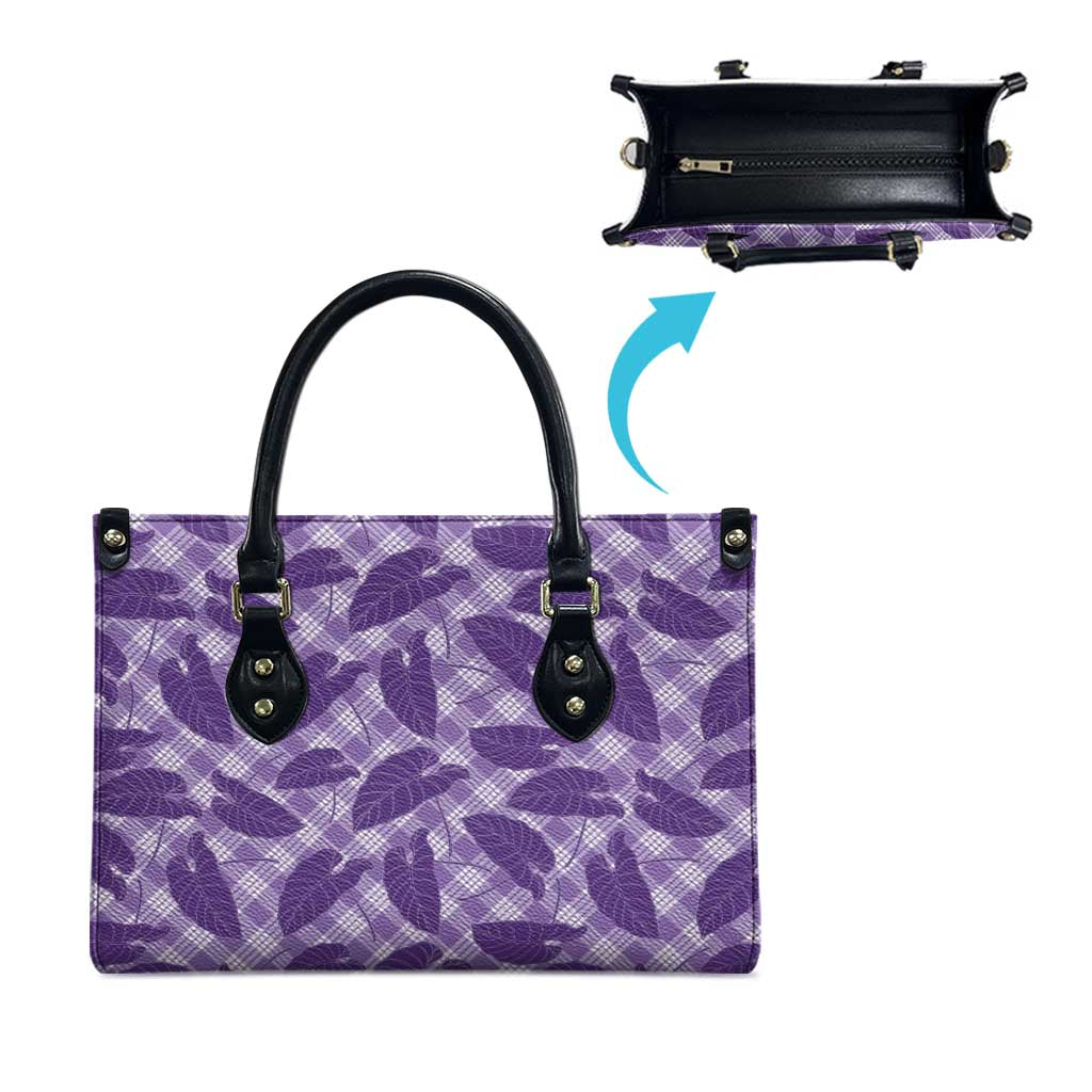 Purple Hawaii Kalo Palaka Motifs Leather Bag Hawaiian Taro Leaves Elegant Vibes LT14 - Polynesian Pride