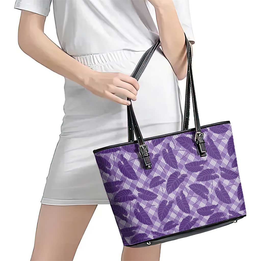 Purple Hawaii Kalo Palaka Motifs Leather Tote Bag Hawaiian Taro Leaves Elegant Vibes LT14 - Polynesian Pride