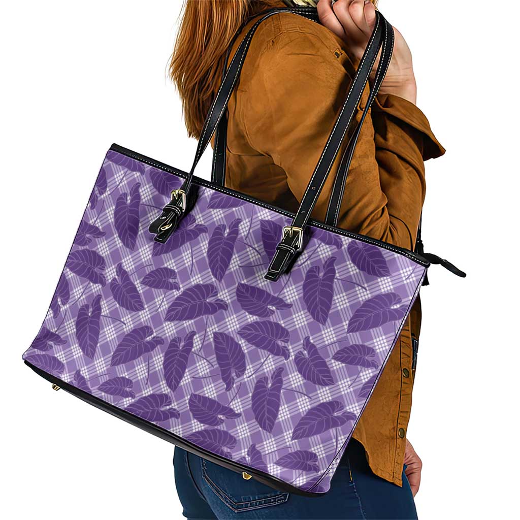 Purple Hawaii Kalo Palaka Motifs Leather Tote Bag Hawaiian Taro Leaves Elegant Vibes LT14 - Polynesian Pride