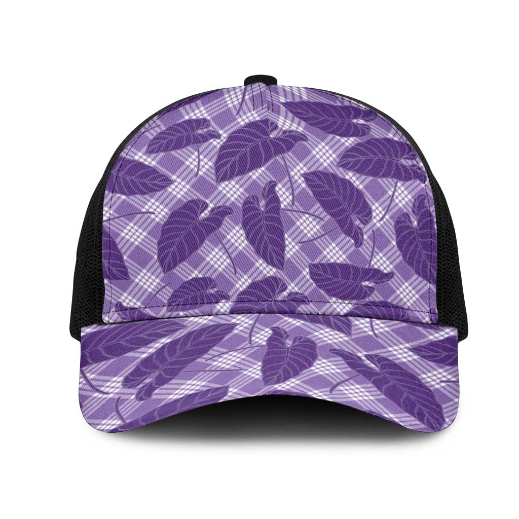 Purple Hawaii Kalo Palaka Motifs Mesh Trucker Cap Hawaiian Taro Leaves Elegant Vibes