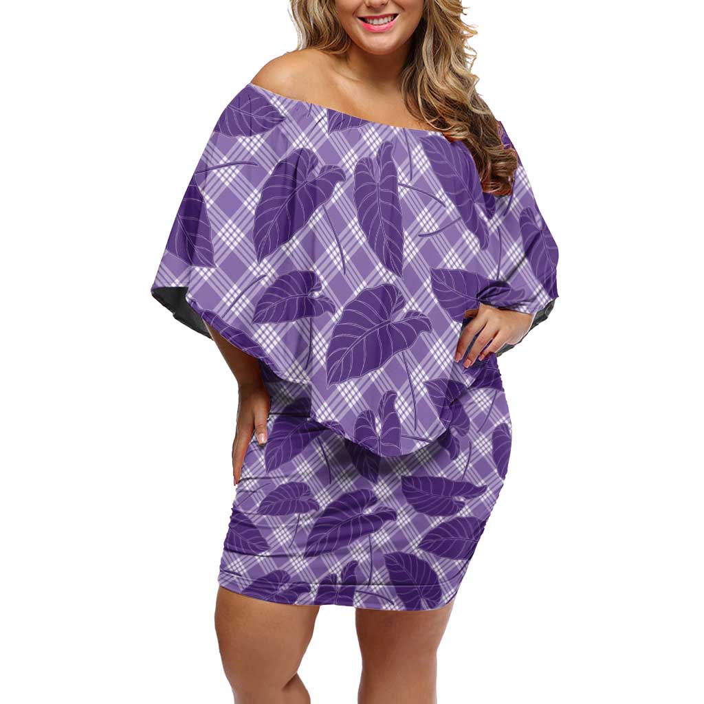 Purple Hawaii Kalo Palaka Motifs Off Shoulder Short Dress Hawaiian Taro Leaves Elegant Vibes LT14 Women Purple - Polynesian Pride