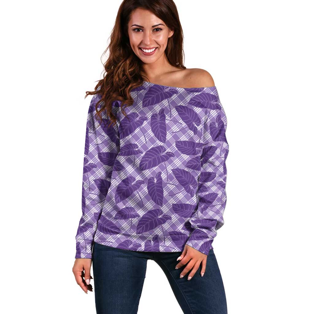 Purple Hawaii Kalo Palaka Motifs Off Shoulder Sweater Hawaiian Taro Leaves Elegant Vibes LT14 Women Purple - Polynesian Pride