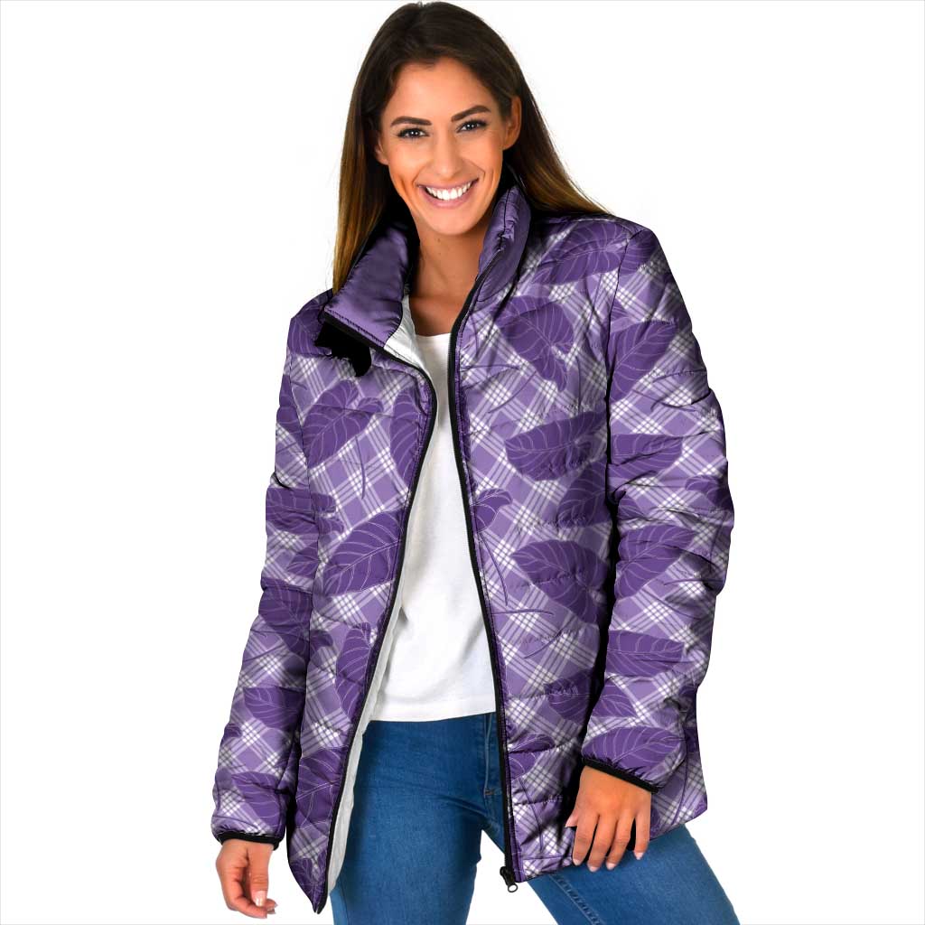 Purple Hawaii Kalo Palaka Motifs Padded Jacket Hawaiian Taro Leaves Elegant Vibes LT14 Women Purple - Polynesian Pride