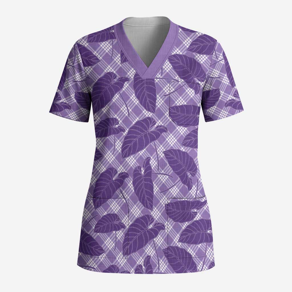 Purple Hawaii Kalo Palaka Motifs Scrub Top Hawaiian Taro Leaves Elegant Vibes LT14 Adult Purple - Polynesian Pride