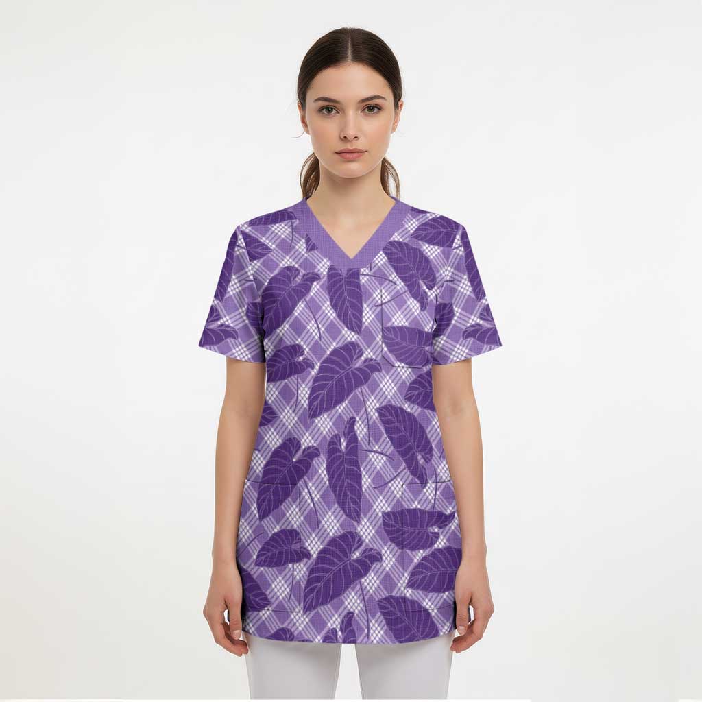 Purple Hawaii Kalo Palaka Motifs Scrub Top Hawaiian Taro Leaves Elegant Vibes LT14 - Polynesian Pride