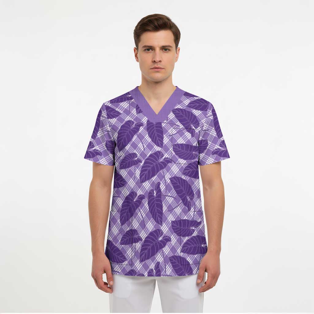 Purple Hawaii Kalo Palaka Motifs Scrub Top Hawaiian Taro Leaves Elegant Vibes LT14 - Polynesian Pride