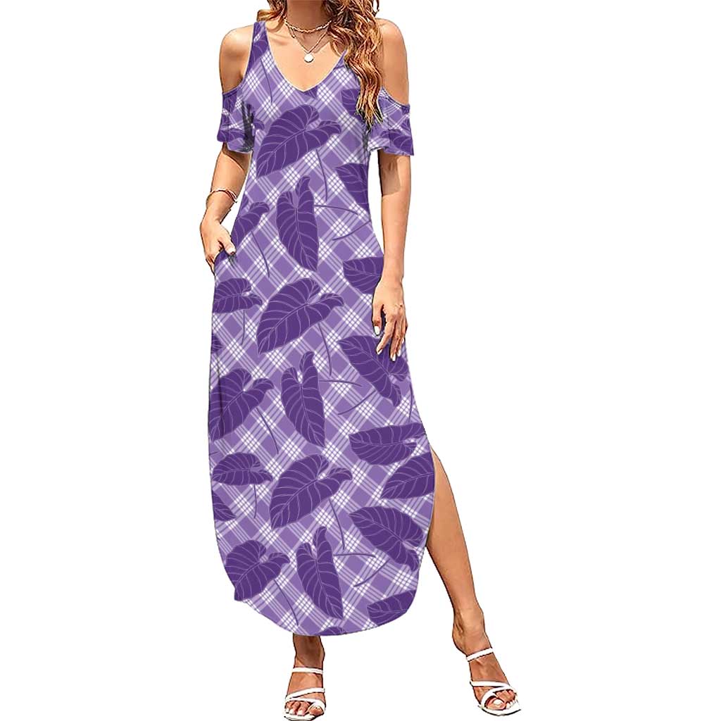 Purple Hawaii Kalo Palaka Motifs Summer Maxi Dress Hawaiian Taro Leaves Elegant Vibes LT14 Women Purple - Polynesian Pride