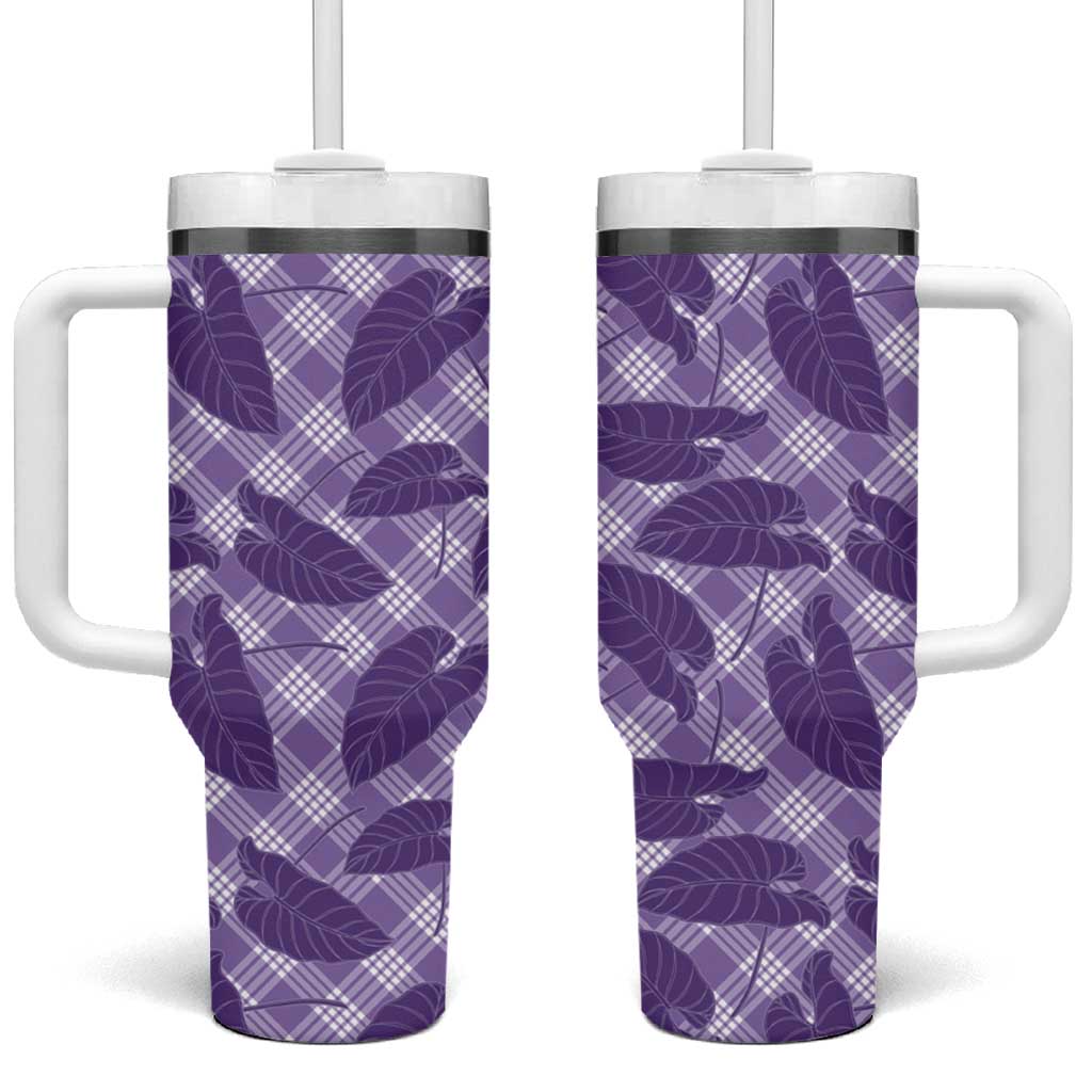 Purple Hawaii Kalo Palaka Motifs Tumbler With Handle Hawaiian Taro Leaves Elegant Vibes LT14 One Size: 40 oz Purple - Polynesian Pride