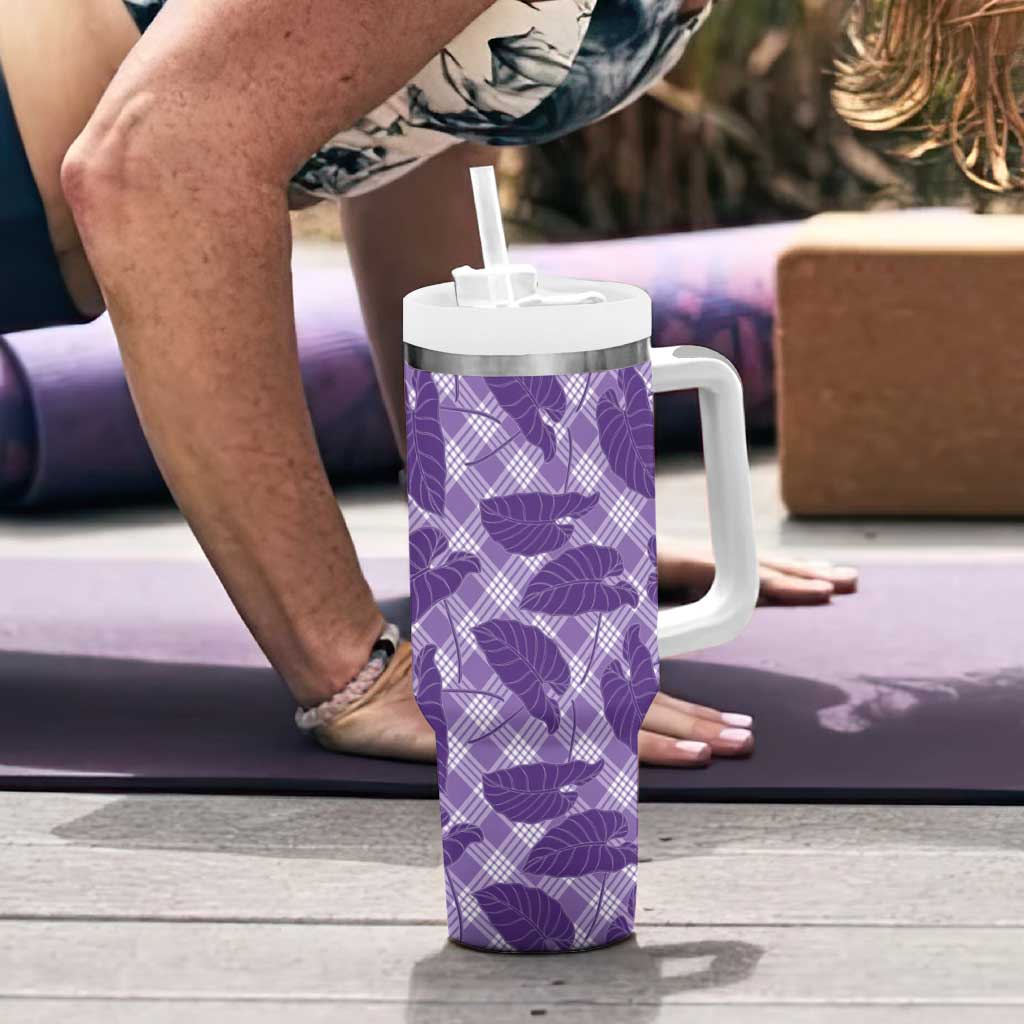 Purple Hawaii Kalo Palaka Motifs Tumbler With Handle Hawaiian Taro Leaves Elegant Vibes LT14 - Polynesian Pride