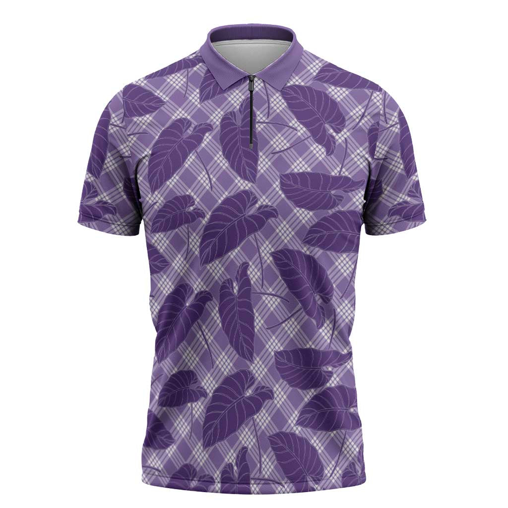 Purple Hawaii Kalo Palaka Motifs Zipper Polo Shirt Hawaiian Taro Leaves Elegant Vibes - Polynesian Pride