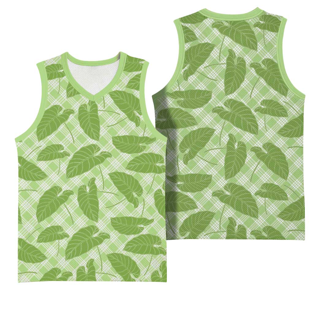 Green Hawaii Kalo Palaka Motifs Basketball Jersey Hawaiian Taro Leaves Elegant Vibes LT14 - Polynesian Pride
