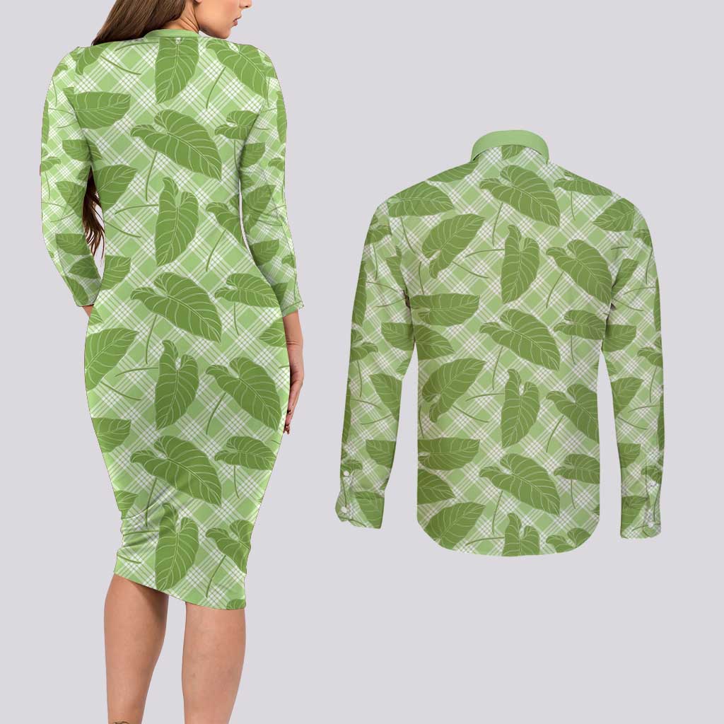 Green Hawaii Kalo Palaka Motifs Couples Matching Long Sleeve Bodycon Dress and Long Sleeve Button Shirt Hawaiian Taro Leaves Elegant Vibes LT14 - Polynesian Pride
