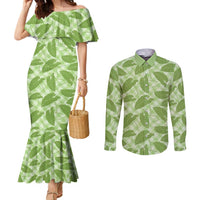 Green Hawaii Kalo Palaka Motifs Couples Matching Mermaid Dress and Long Sleeve Button Shirt Hawaiian Taro Leaves Elegant Vibes LT14 Green - Polynesian Pride