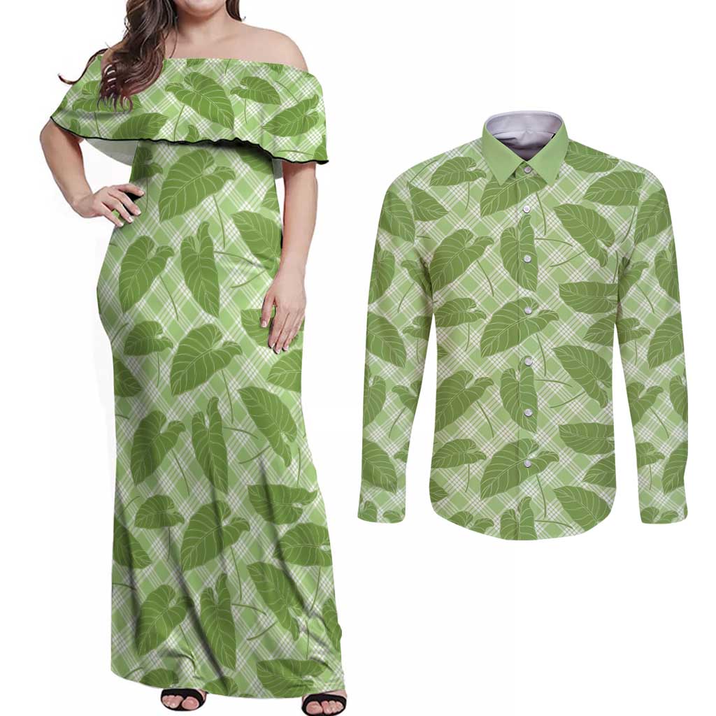 Green Hawaii Kalo Palaka Motifs Couples Matching Off Shoulder Maxi Dress and Long Sleeve Button Shirt Hawaiian Taro Leaves Elegant Vibes LT14 Green - Polynesian Pride