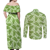 Green Hawaii Kalo Palaka Motifs Couples Matching Off Shoulder Maxi Dress and Long Sleeve Button Shirt Hawaiian Taro Leaves Elegant Vibes LT14 - Polynesian Pride