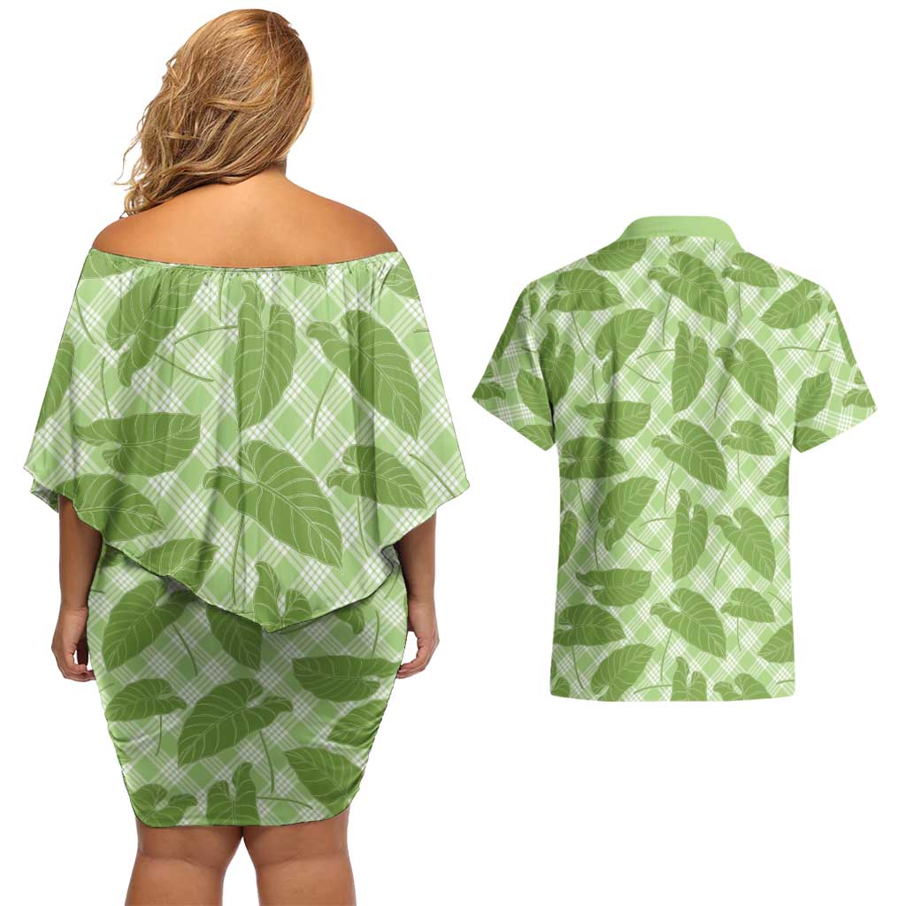 Green Hawaii Kalo Palaka Motifs Couples Matching Off Shoulder Short Dress and Hawaiian Shirt Hawaiian Taro Leaves Elegant Vibes LT14 - Polynesian Pride
