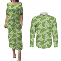 Green Hawaii Kalo Palaka Motifs Couples Matching Puletasi and Long Sleeve Button Shirt Hawaiian Taro Leaves Elegant Vibes LT14 Green - Polynesian Pride