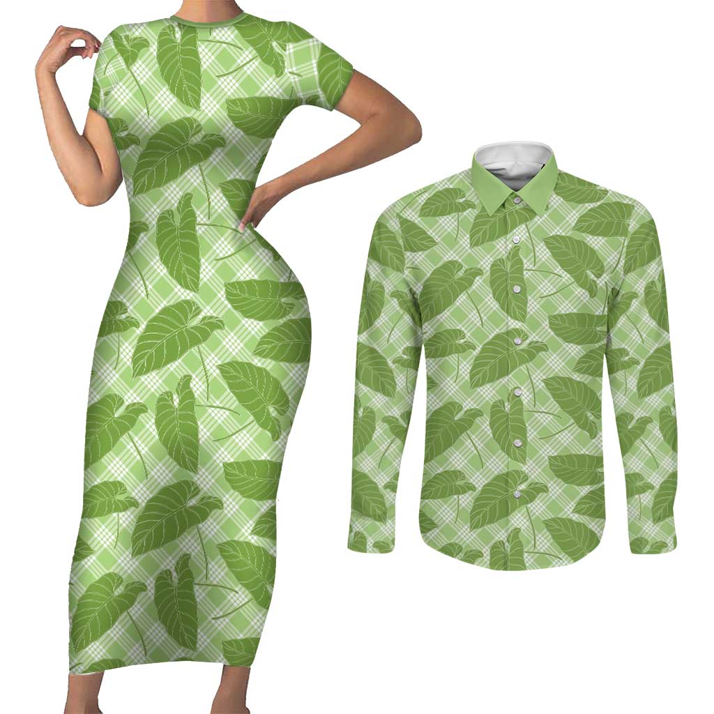 Green Hawaii Kalo Palaka Motifs Couples Matching Short Sleeve Bodycon Dress and Long Sleeve Button Shirt Hawaiian Taro Leaves Elegant Vibes LT14 Green - Polynesian Pride