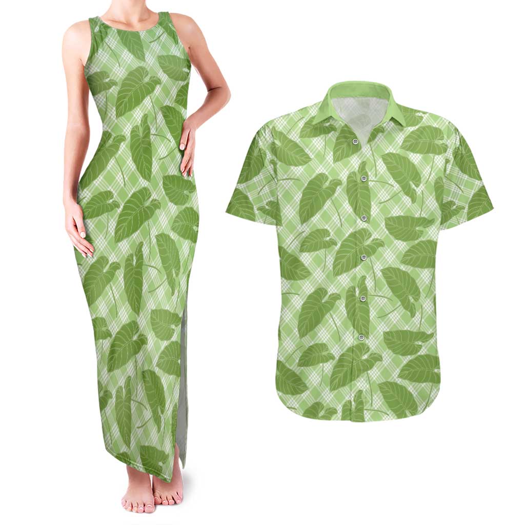 Green Hawaii Kalo Palaka Motifs Couples Matching Tank Maxi Dress and Hawaiian Shirt Hawaiian Taro Leaves Elegant Vibes LT14 Green - Polynesian Pride