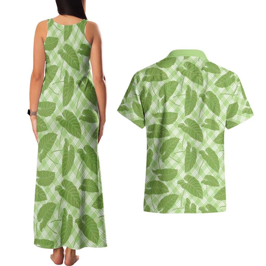 Green Hawaii Kalo Palaka Motifs Couples Matching Tank Maxi Dress and Hawaiian Shirt Hawaiian Taro Leaves Elegant Vibes LT14 - Polynesian Pride