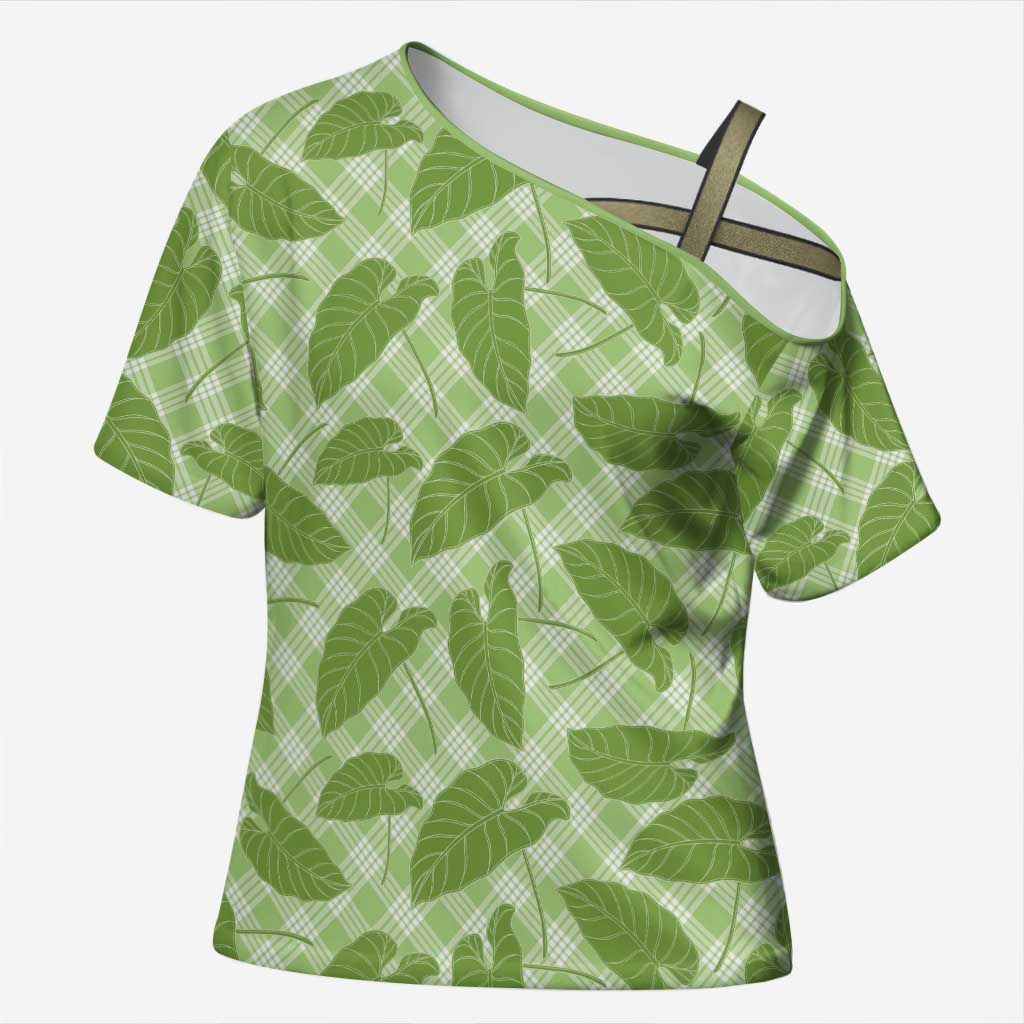 Green Hawaii Kalo Palaka Motifs Cross Shoulder Shirt Hawaiian Taro Leaves Elegant Vibes LT14 Female Green - Polynesian Pride
