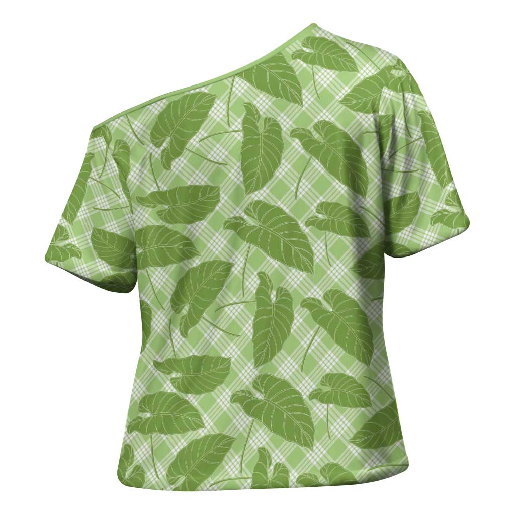 Green Hawaii Kalo Palaka Motifs Cross Shoulder Shirt Hawaiian Taro Leaves Elegant Vibes LT14 - Polynesian Pride