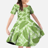 Green Hawaii Kalo Palaka Motifs Family Matching Off The Shoulder Long Sleeve Dress and Hawaiian Shirt Hawaiian Taro Leaves Elegant Vibes LT14 Daughter's Dress Green - Polynesian Pride