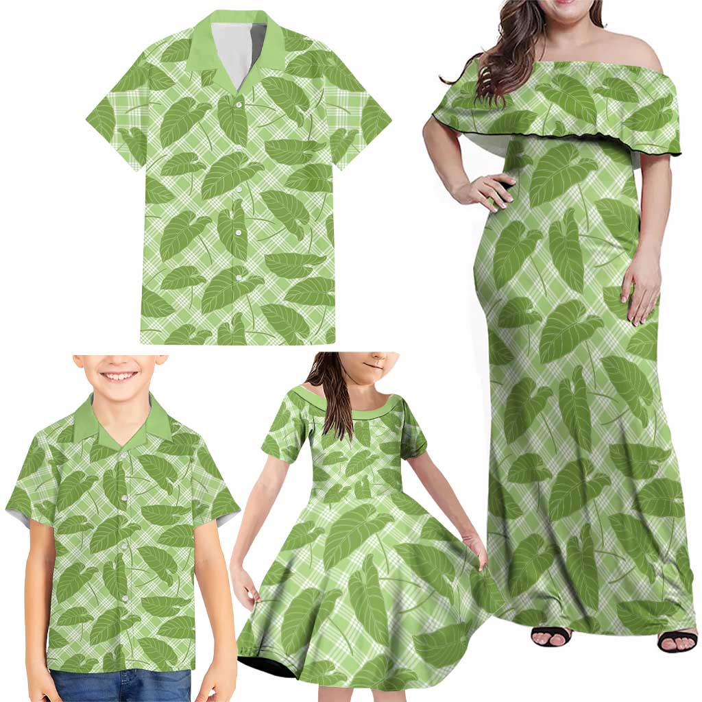 Green Hawaii Kalo Palaka Motifs Family Matching Off Shoulder Maxi Dress and Hawaiian Shirt Hawaiian Taro Leaves Elegant Vibes - Polynesian Pride