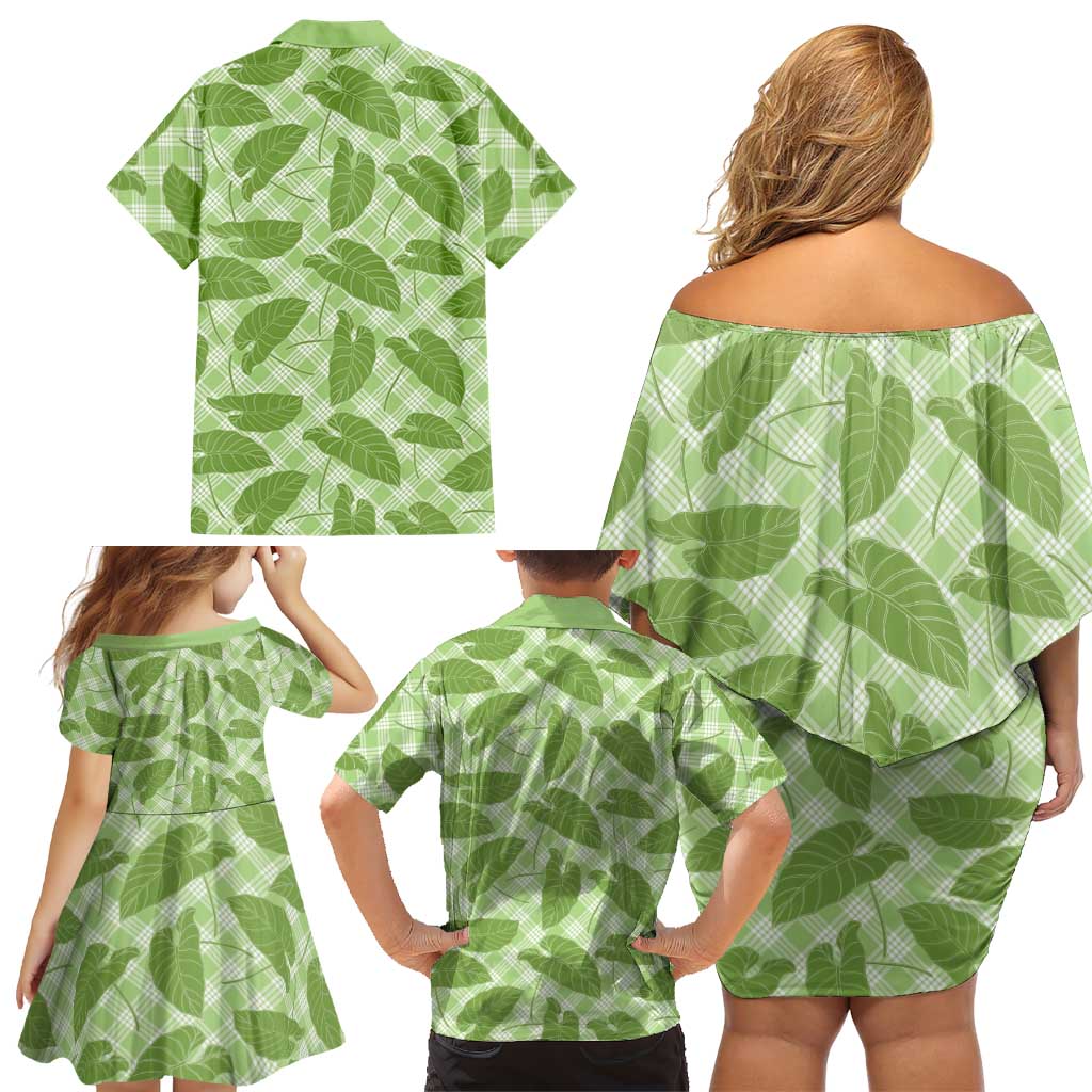 Green Hawaii Kalo Palaka Motifs Family Matching Off Shoulder Short Dress and Hawaiian Shirt Hawaiian Taro Leaves Elegant Vibes LT14 - Polynesian Pride