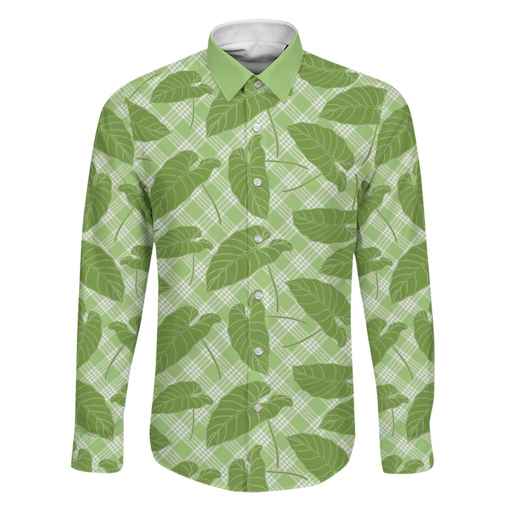 Green Hawaii Kalo Palaka Motifs Family Matching Off Shoulder Short Dress and Hawaiian Shirt Hawaiian Taro Leaves Elegant Vibes LT14 Dad's Shirt - Long Sleeve Green - Polynesian Pride