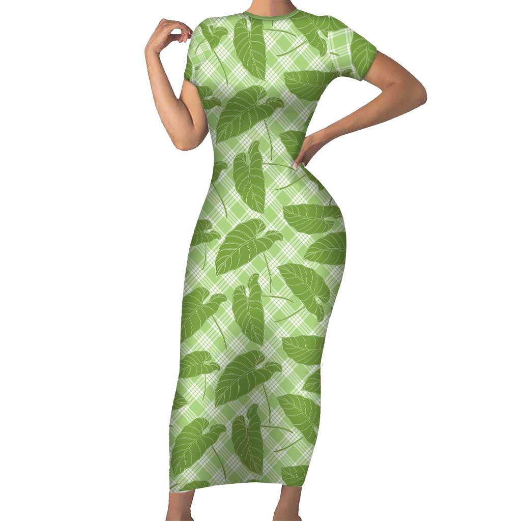 Green Hawaii Kalo Palaka Motifs Family Matching Short Sleeve Bodycon Dress and Hawaiian Shirt Hawaiian Taro Leaves Elegant Vibes LT14 Mom's Dress Green - Polynesian Pride