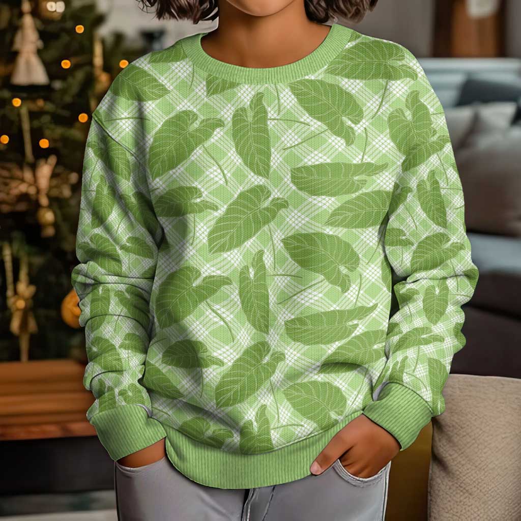 Green Hawaii Kalo Palaka Motifs Kid Ugly Christmas Sweater Hawaiian Taro Leaves Elegant Vibes LT14 - Polynesian Pride