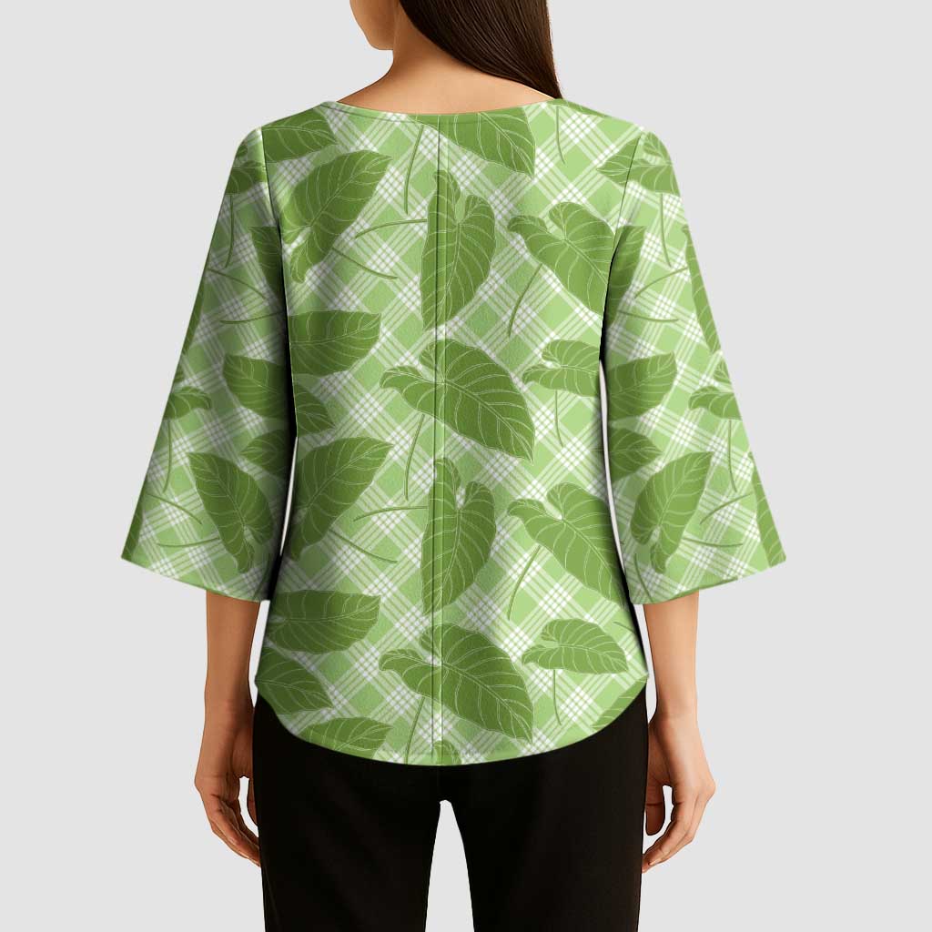 Green Hawaii Kalo Palaka Kimono Sleeve Blouse - Hawaiian Taro Leaves Elegant Vibes LT14 - Polynesian Pride