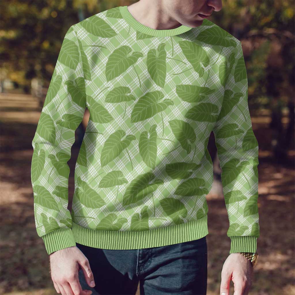 Green Hawaii Kalo Palaka Motifs Ugly Christmas Sweater Hawaiian Taro Leaves Elegant Vibes LT14 - Polynesian Pride