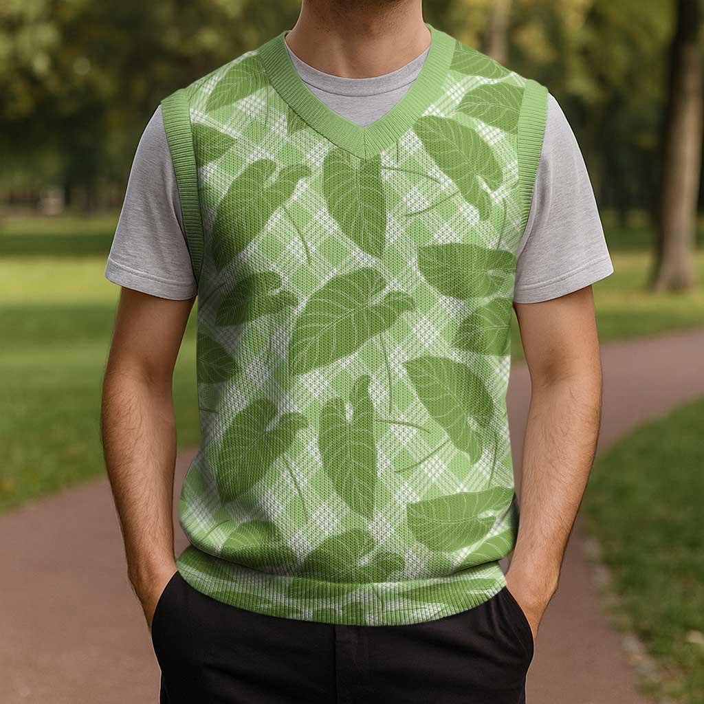 Green Hawaii Kalo Palaka Motifs Christmas Knitted V-Neck Vest Hawaiian Taro Leaves Elegant Vibes LT14 - Polynesian Pride